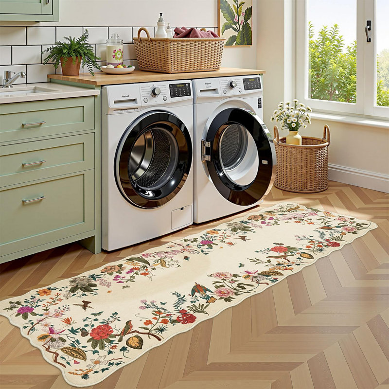 2'X3' Small Washable Vintage Scalloped Floral Indoor Rugs for Entryway Non-Slip Beige, Rectangle 2' x 3', Beige