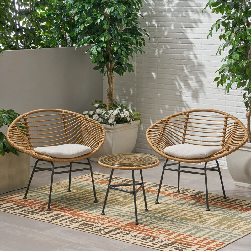 2 - Person Patio Conversation Set with Cushions, Light Brown Frame/Beige Cushion