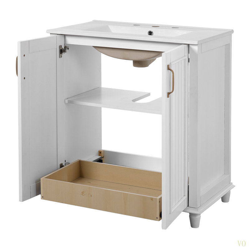 Meuble-lavabo de 30 po avec lavabo en céramique, ensemble de meuble-lavabo autoportant avec tiroir caché, armoire de rangement pour la salle de bain