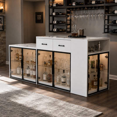 Home Bar Cabinet With LED Lights – 4 Glass Doors Cabinet, Modern Storage For Living Room, Wine & Dining