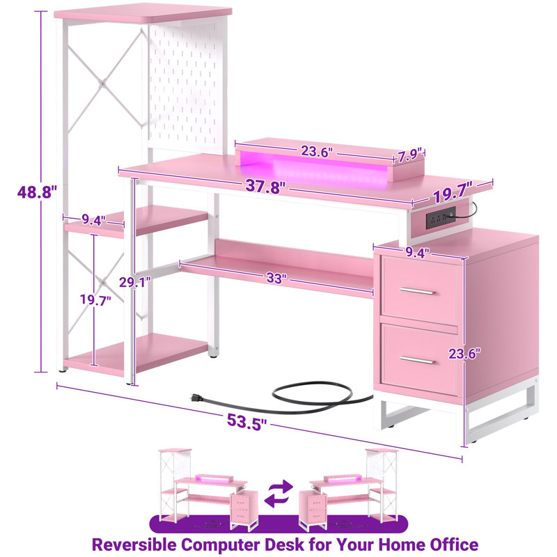 Bureau réversible en forme de L avec prises de courant et tiroirs en tissu, Rose/Blanc