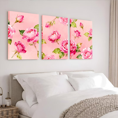Ensemble de 3 toiles murales à motifs floraux aquarelle de roses roses