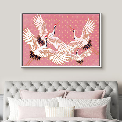 Bright Preppy Animals Pink Red-crowned Crane Bird Polka Dot Picture Frame Canvas Print Bold Wall Art