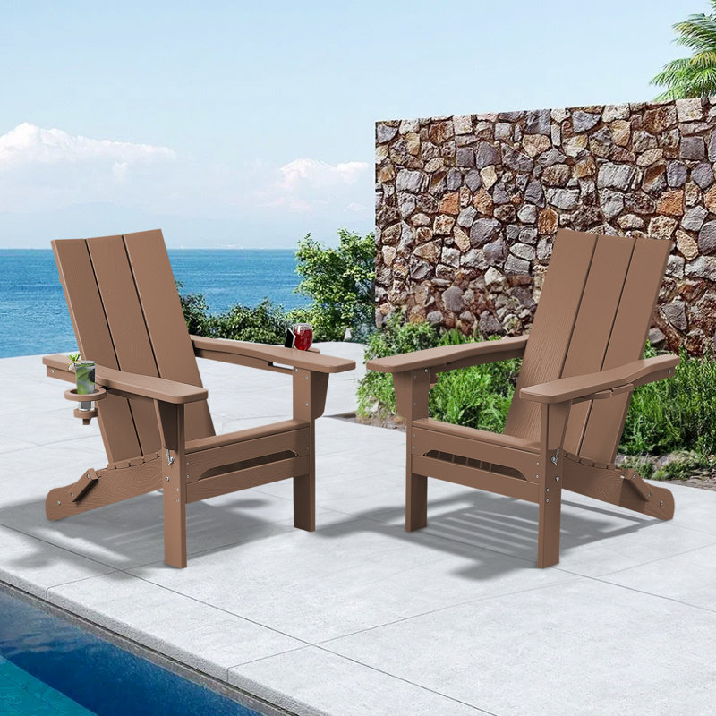 Chaise Adirondack pliante en polyéthylène haute densité Delman avec porte-gobelet double (ensemble de 2), Brun