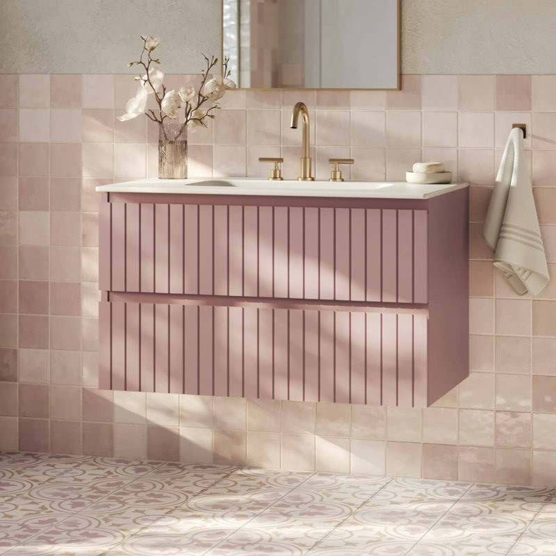 Meuble-lavabo simple flottant cannelé 36 po Atharv, Rose, 36" W