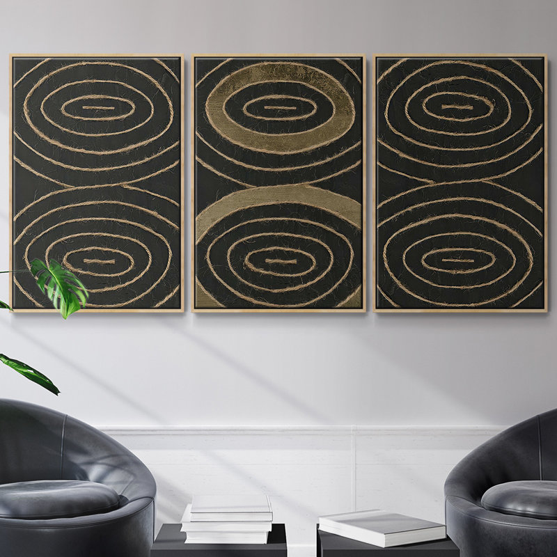 «Link in I» - Ensemble de 3 cadres flottants sur toile, H 27 po x l 54 po x P 2 po, Cadre en bois naturel