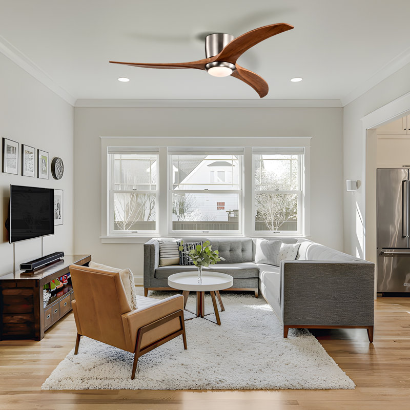 Parzy 52.04" Flush Mount Ceiling Fan Solid Wood Blades Ceiling Fan With Light With Remote Control, Satin Nickel, Brown
