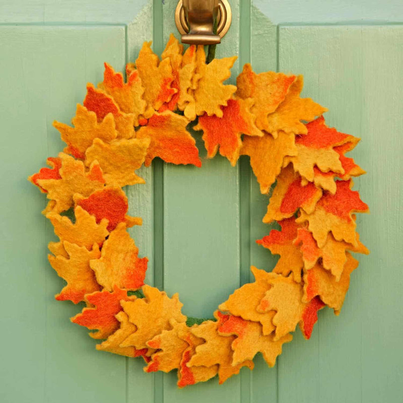 Wool / Felt Felt Wreath, Yellow/Orange, 24 cm H x 24 cm W