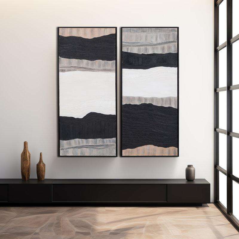Ensemble d'art mural sur toile 70 "noir, ivoire et gris 70" avec cadre noir - ensemble de 2.