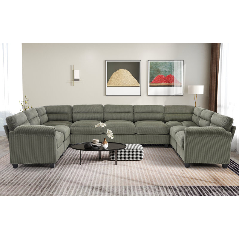 Dona 9-Piece U-Shaped Corduroy Upholstered Modular Sectional, Pillowtop Arm, Green Corduroy