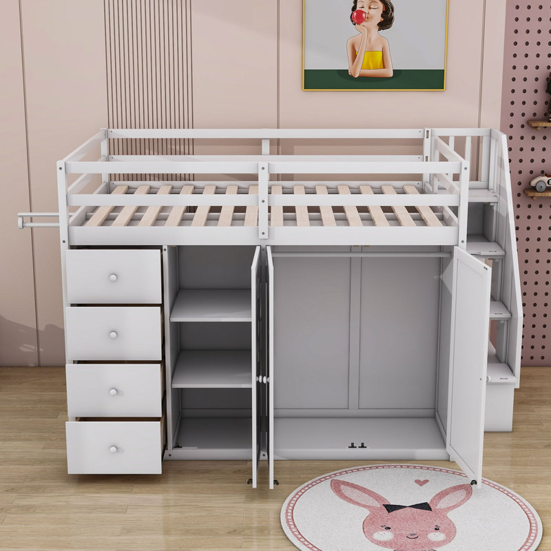 Jenkarlo Full 4 Drawers Wood Loft Bed With Built-in Wardrobes, White