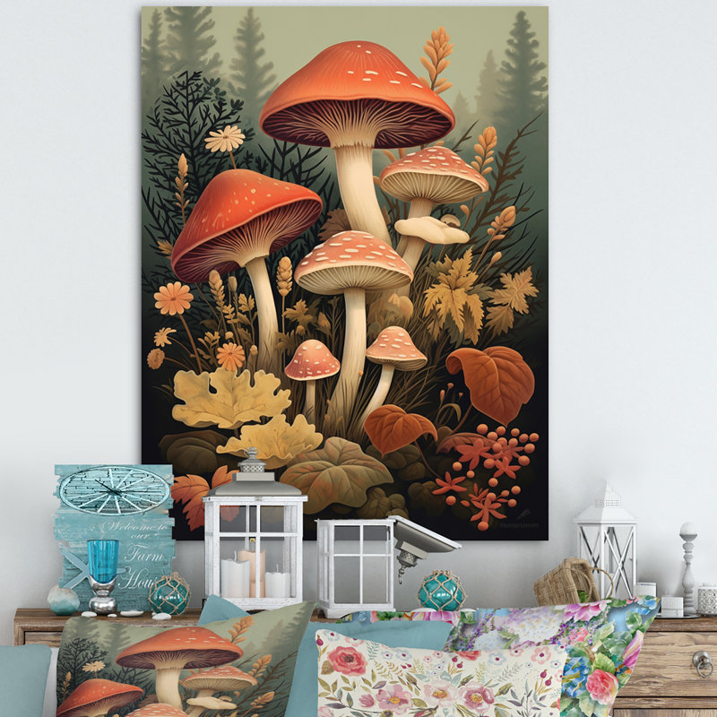 Champignons d'automne en forêt, illustration rétro I, Toile tendue, H 32 po x l 24 po x P 1 po