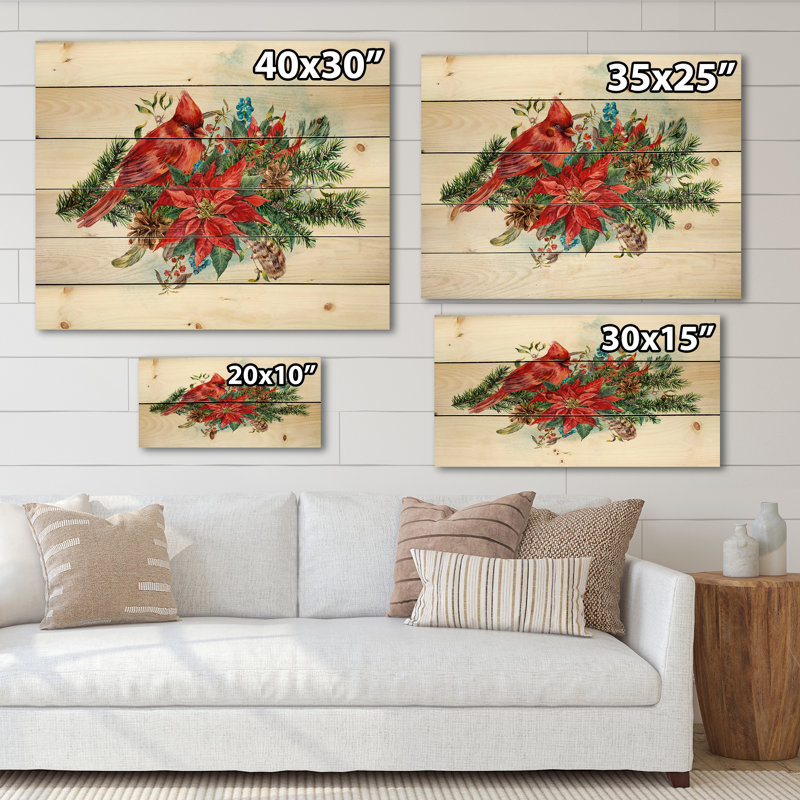 Poinsettia de Noël et cardinal rouge - impression traditionnelle sur bois de pin naturel, H 25 po x l 35 po x P 0,78 po