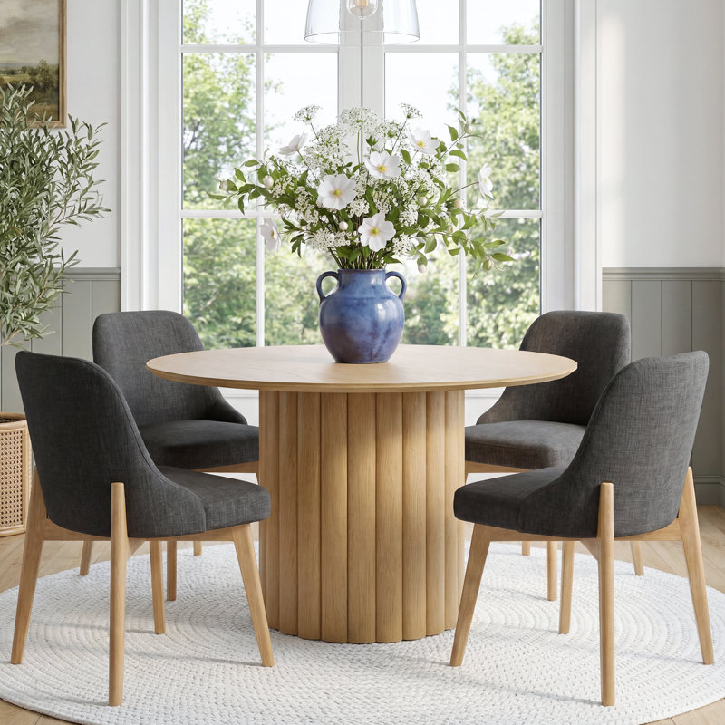 4 - Person Modern Round Dining Set With 4 Upholstered Chairs, Dark Gray