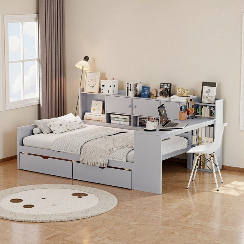 Gray Full Size L-Shape Daybed with Storage Cabinets, Study Desk & Bookshelf - Space-Saving Multi-Functional Bed, Gray