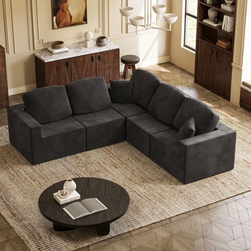 Boneless L-Shaped Modular Sectional Couch, Cloud U-Shaped Sectional Sofa with Wide Armrest, Black Corduroy
