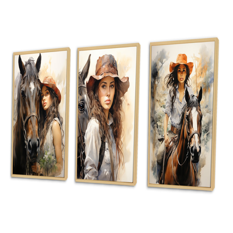 «Cowgirl And Horse Bond», 3 pièces, Encadré naturel, H 28 po x l 36 po