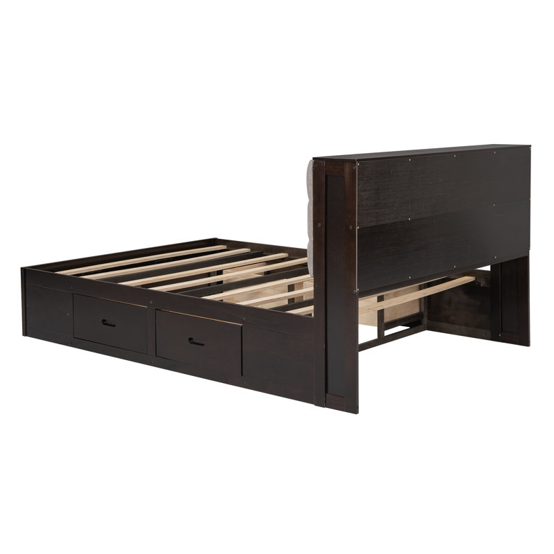 Grand lit plateforme en bois avec tête de lit avec rangement, 4 tiroirs et range-chaussures - Bois de pin massif, espresso