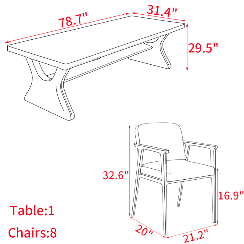 Modern simple solid wood rectangular table set, 29.5"H x 78.7"L x 31.4"W