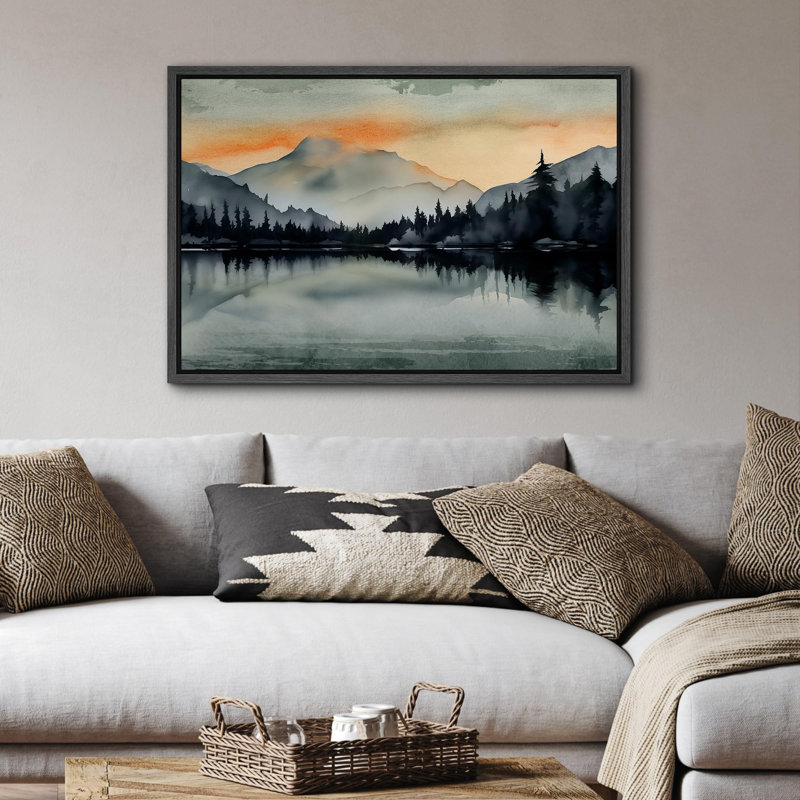 Paysage de forêt Woodland «Crimson Twilight Sunrise Mountain Lake» sur, H 16 po x l 24 po, Cadre flottant noir