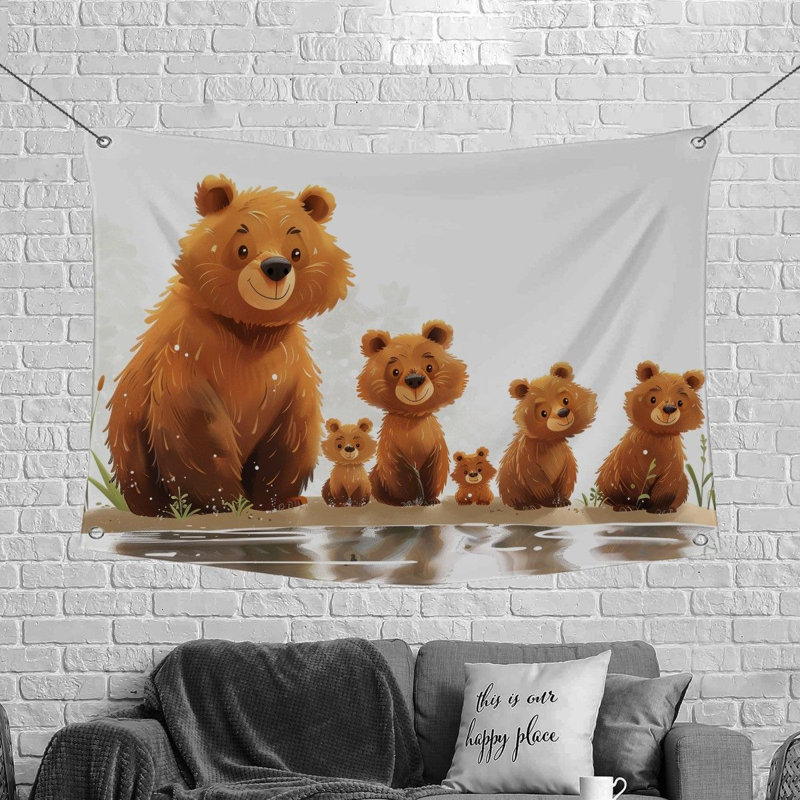Bear Family Animal Microfiber Fabric Tapestry, 88" H x 104" W