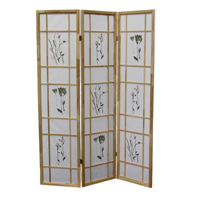 Paravent de 70 po de hauteur 3 avec finition naturelle, pin massif, style asiatique traditionnel, imprimé floral, écran de pin l 50 po x H 70 po pour paravent, asiatique