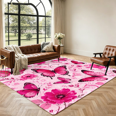 Tapis décoratif à motif floral papillon, rose vif, doux et moelleux, idéal pour le salon, la chambre à coucher et la décoration intérieure.