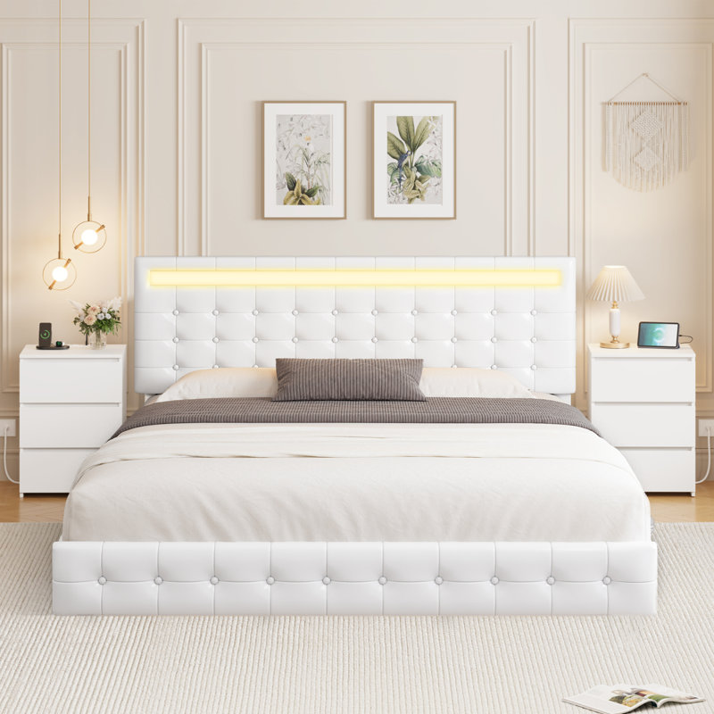 Ensemble de chambre à coucher avec lit rembourré Kinzli, Très grand, Blanc