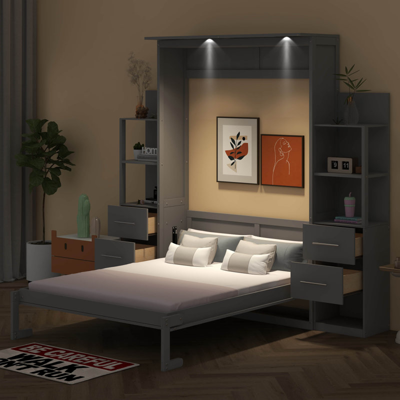 Lit escamotable double avec tablettes, gris