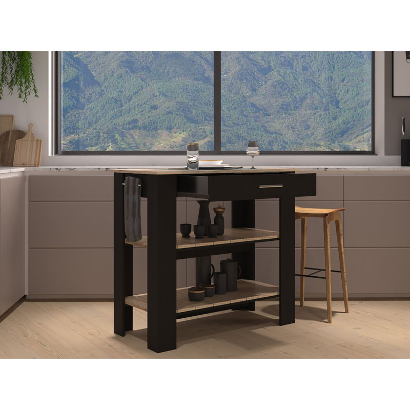 Kitchen Island 37" H, Two Open Storage Shelves, One Drawer, Four Legs,Towel Hanger, Black / Light Oak