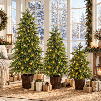 3-Piece Pre-Lit Artificial Christmas Tree Set with Warm White LED Lights, Potted PE Holiday Trees for Indoor Décor