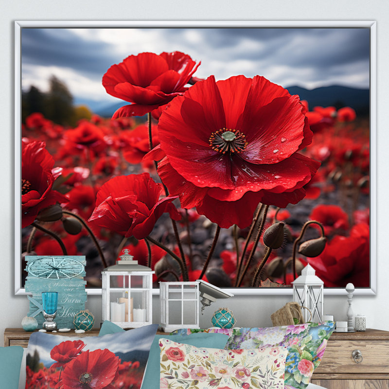 Flower Field Crimson Poppies - Floral Wall Art Prints, 30" H x 40" W, Cadre flottant blanc