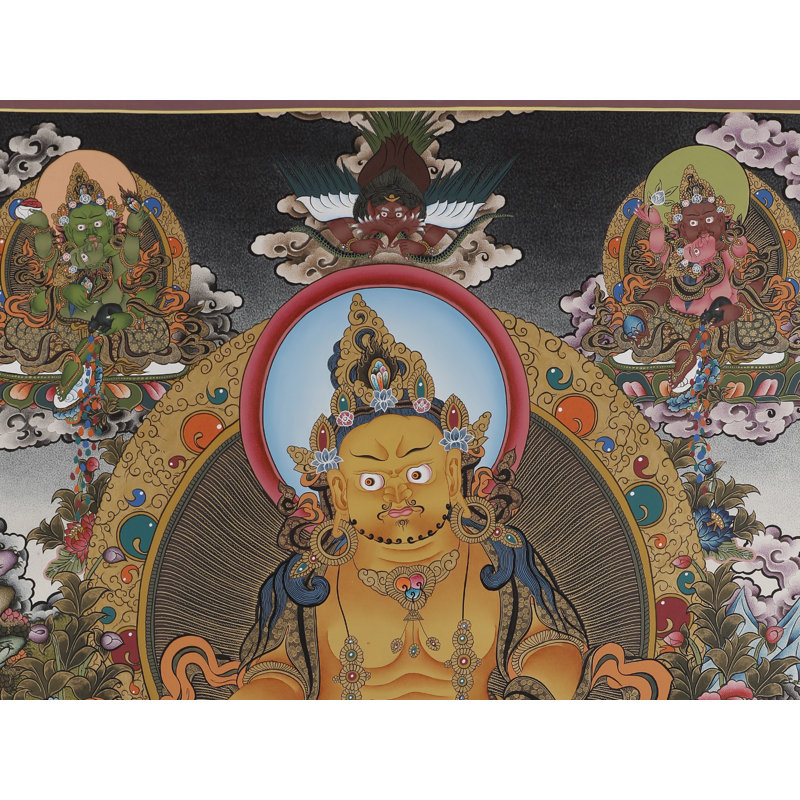 «Panch Kubera - dieu tibétain de la richesse en cinq aspects» peint à la main Thangka | Toile de coton H 35,8 po x l 25,6 po avec feuille d'or véritable 24 carats