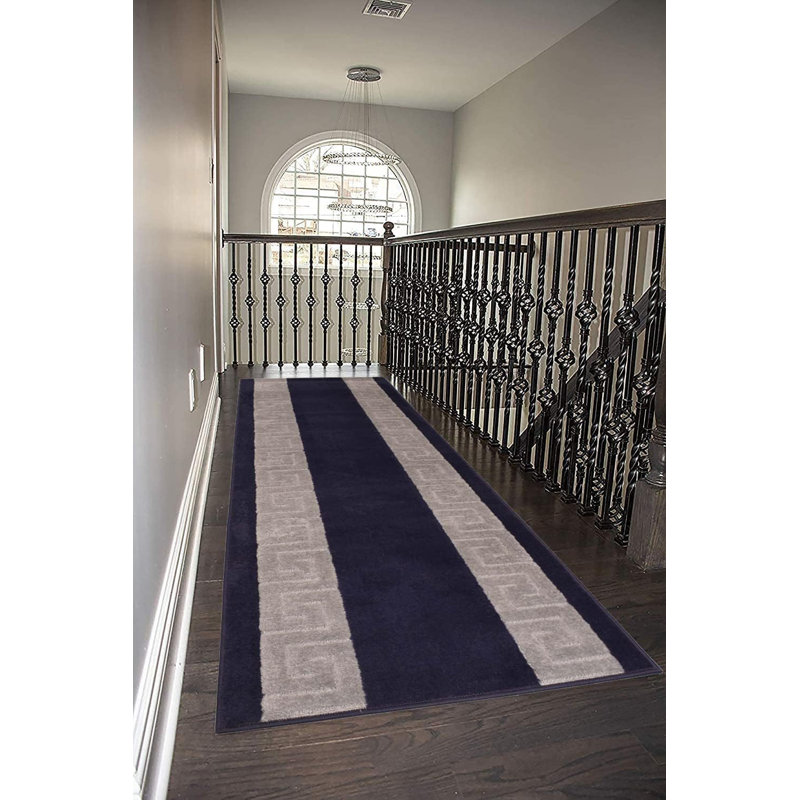 Custom Size Rug Meander Navy Blue Medium Pile Slip Resistant by Feet, Runner 2'2" x 30'