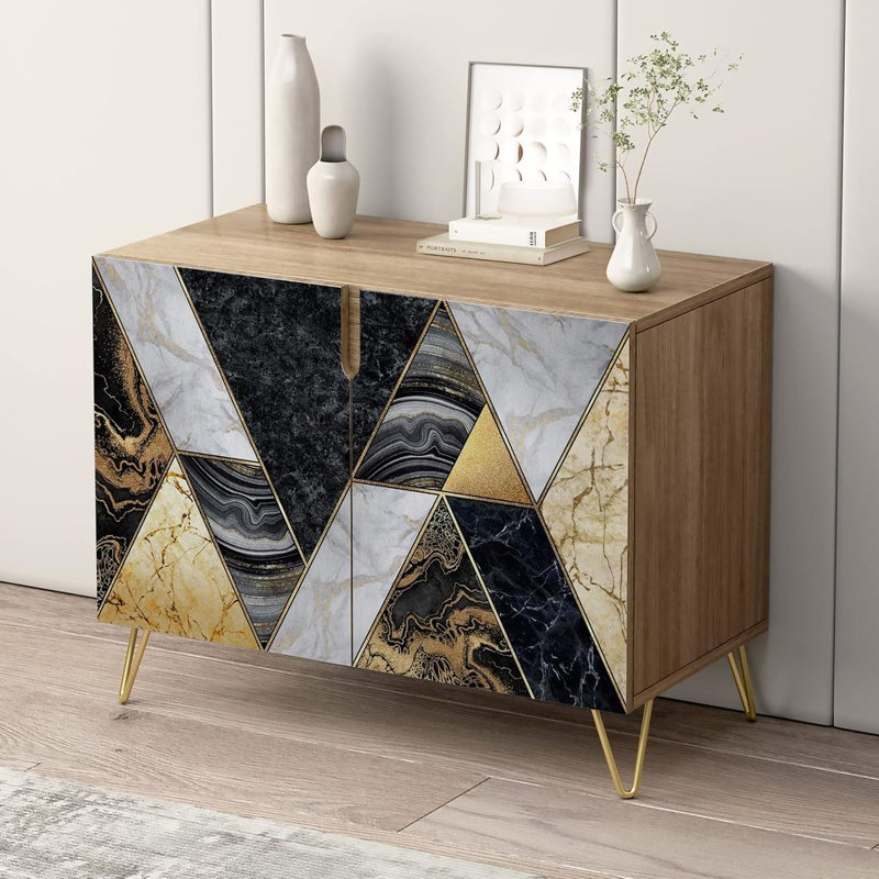 Buffet, armoire de rangement pour la cuisine avec 2 portes, motif géométrique circulaire en bronze doré et console pour salle à manger - L 35 po x l 18 po x H 29 po
