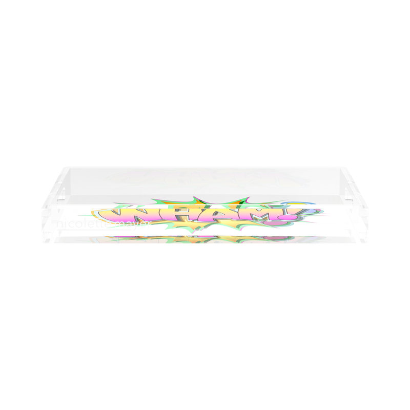 Wham Yellow Pink Graffiti Street Art Acrylic Rectangle Decorative Tray, 17"W x 10.5"D x 2"H