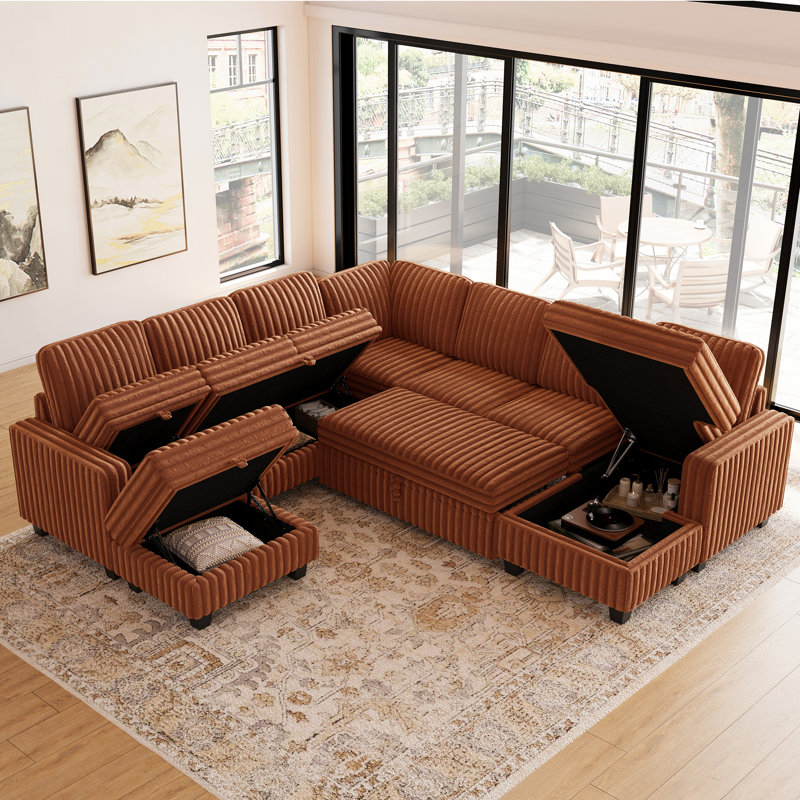 Isolde Large 105.1'' Wide Soft Imitation Wool Plush Modular Sofa Livingroom Storage Couch with Pull Out Sofa Bed Sleeper