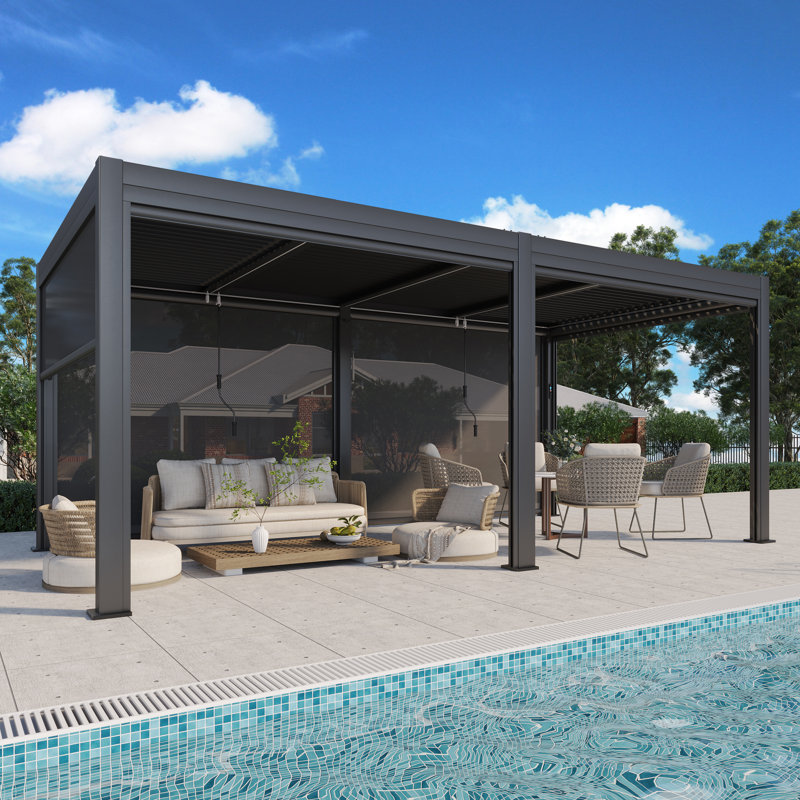 20 ft. W x 10 ft. D Outdoor Louvered Pergola with Auto-Adjustable Side Screen, Rainproof Roof, Thickened Aluminum Frame, and Remote-Controlled Light String for Deck, Patio & Hot Tub