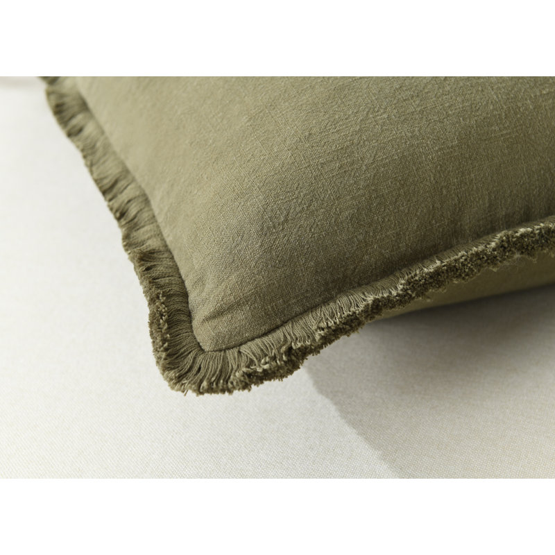 Washed Linen Textured Boho Farmhouse Pillow Cover With Tassels Edge, Square 20", Olive Green