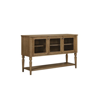 Armoire de rangement en bois massif Almond + avec trois portes à mailles, espace de rangement spacieux, tablette ouverte, pieds tournés classiques, grand rangement organisé devant la salle à manger de 19,27 po de largeur, raffiné