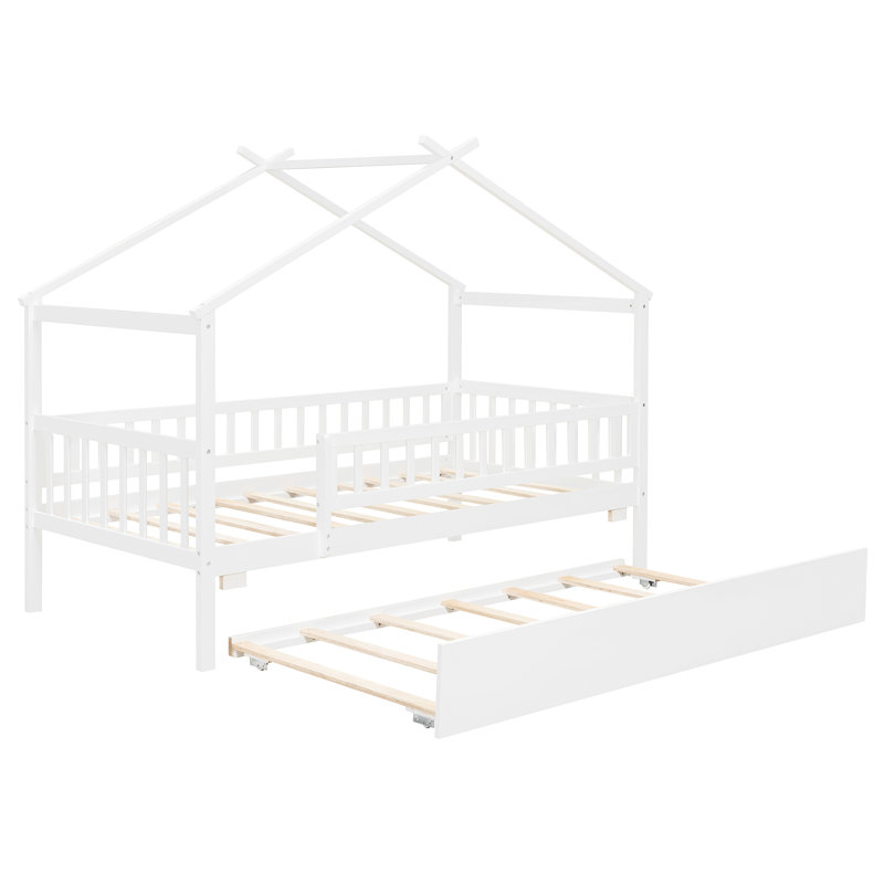 Twin Size Wooden House Bed with Trundle, Solid Wood House Bed Frame, Space Saving Guest Bed, White, White
