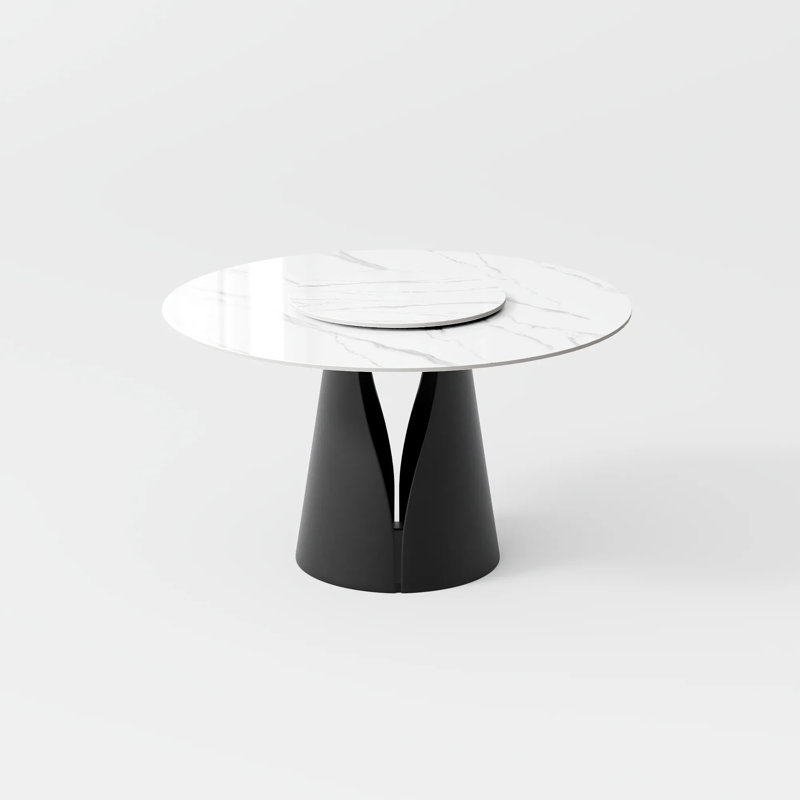 Suzzie Modern Sintered Stone Round Dining Table for 4-6 with Pedestal Base and Lazy Susan, 47"+23.6", Black, Glossy White