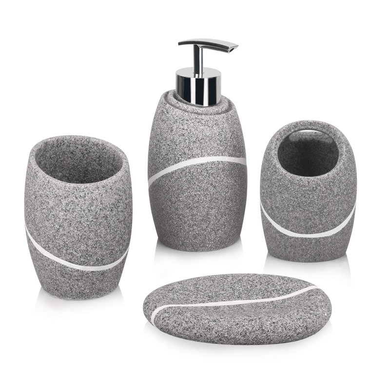 Ensemble d'accessoires de salle de bain, 4 pièces, ensemble complet d'accessoires de salle de bain, comprenant un distributeur de savon pour la salle de bain, un porte-brosse à dents, un gobelet, un porte-savon, du granit gris