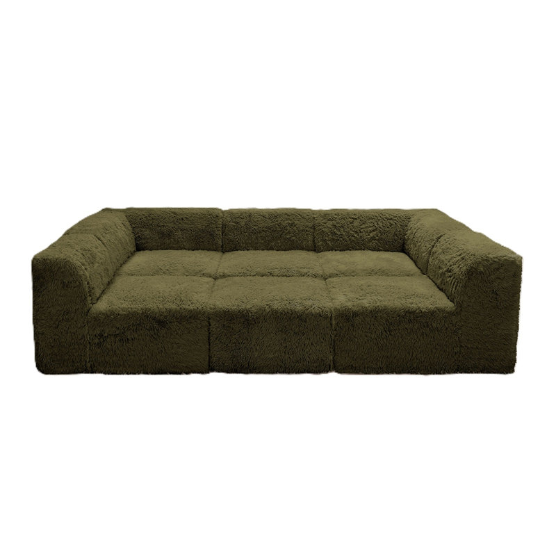 Canapé d'angle modulaire 6 pièces pour salon, couleur vert olive, rembourrage en fausse fourrure et mousse haute densité compressée, fauteuils sans accoudoirs, pouf