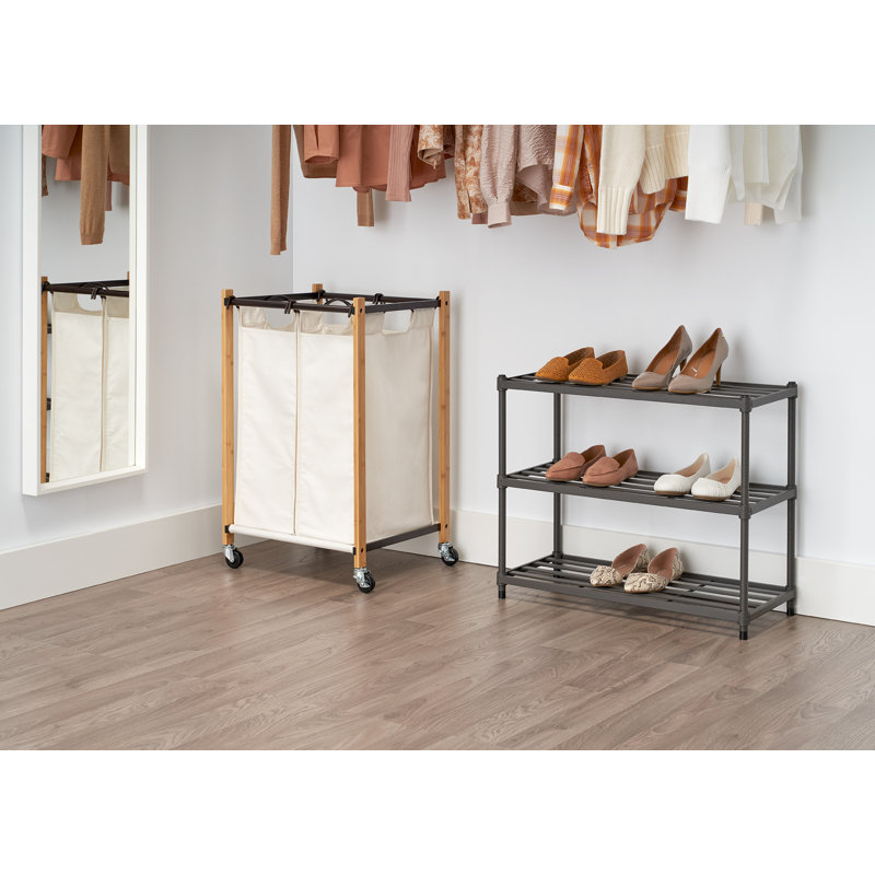 Rolling Laundry Sorter with Handles, Bamboo and White