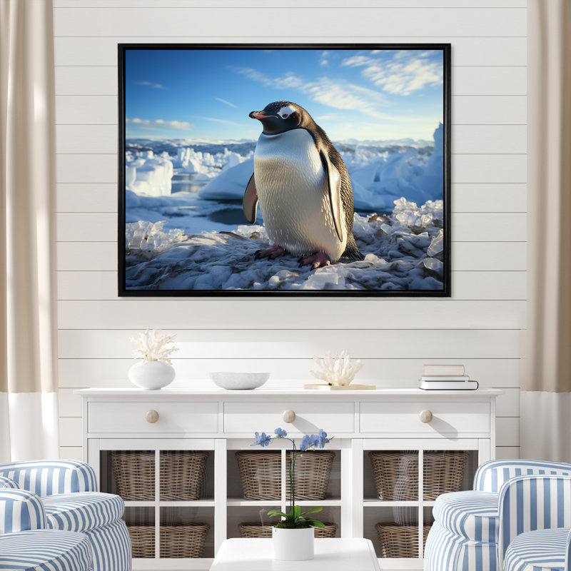 Pingouin qui se dandine d'élégance sur toile, Cadre flottant noir, H 12 po x l 20 po x P 1 po