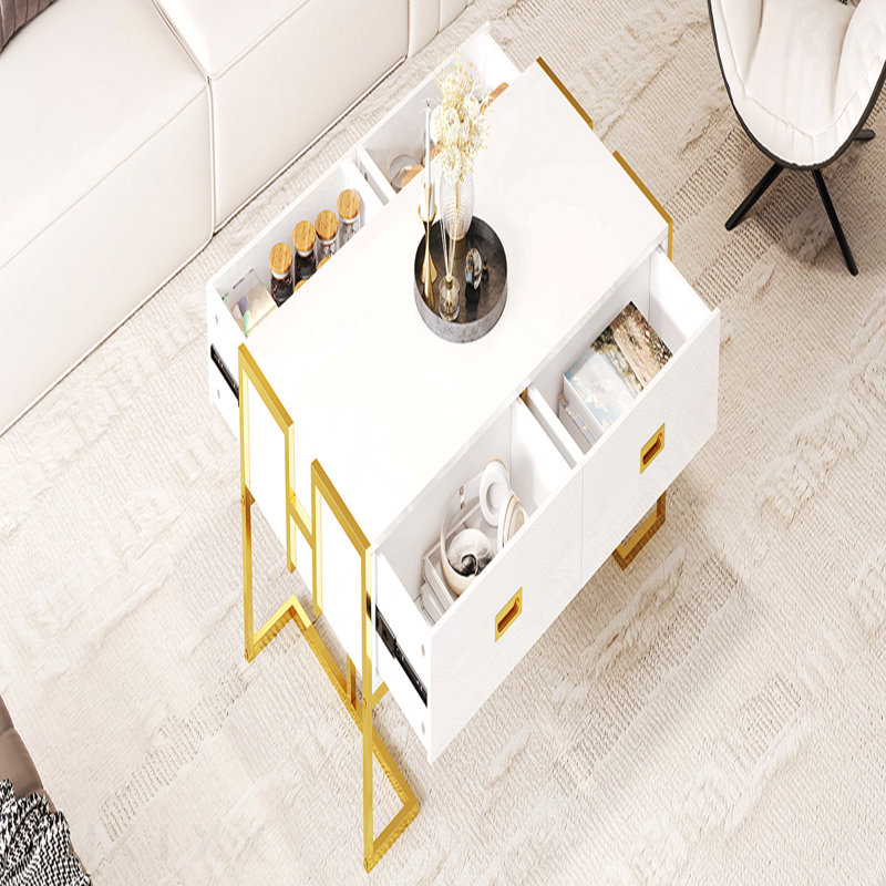 Table basse moderne 47,3 "avec 4 tiroirs et base dorée blanc, Blanc