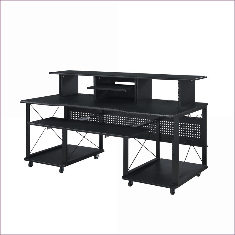 Bureau de musique avec plateau à clavier et amp; Rangement, mobile | Noir | Métal, bois synthétique, Noir