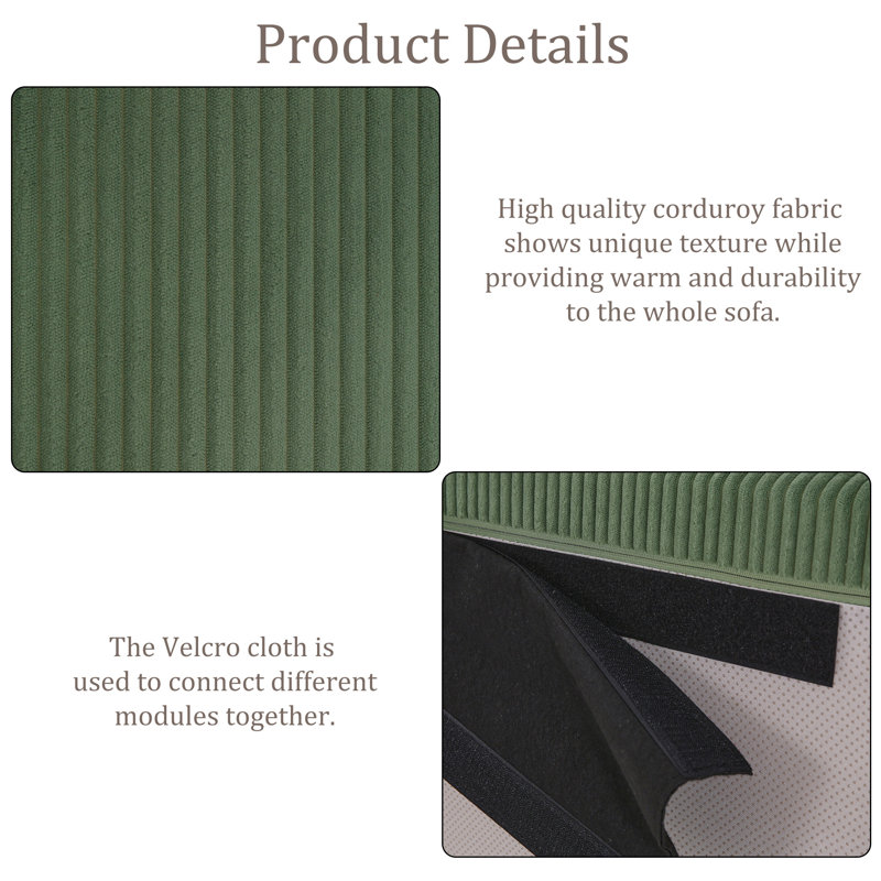 Canapé modulaire 2 pièces rembourré en velours côtelé vert - entièrement comprimé, aucun assemblage requis, Vert
