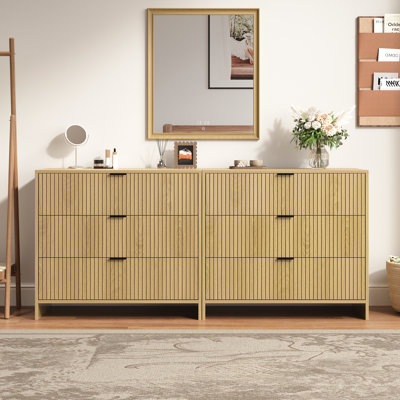 Fluted 6 Drawer Dresser,63 Inch Modern Chest Of Drawers With Metal Handle,wood Dresser Organizer For Bedroom,living Room,hallway,natural Oak